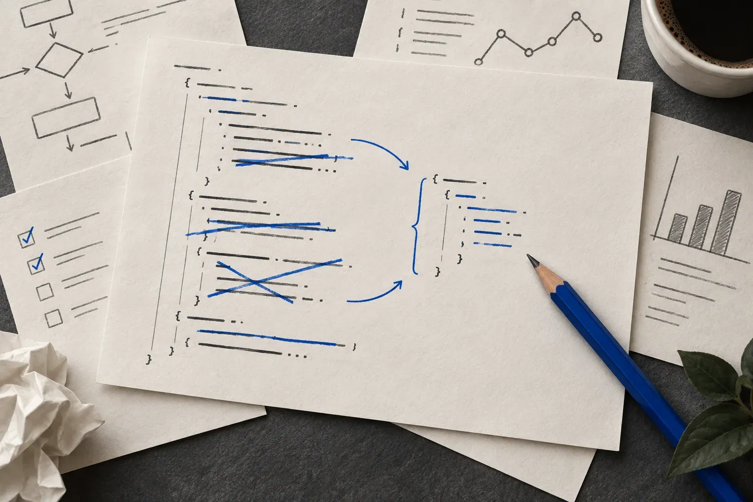 Folhas com código abstrato riscadas e marcações azuis de revisão